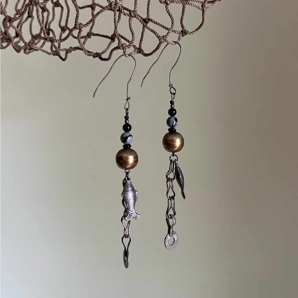 Fish Totem Earrings, Vintage Handmade Bohemian Dangle Earrings